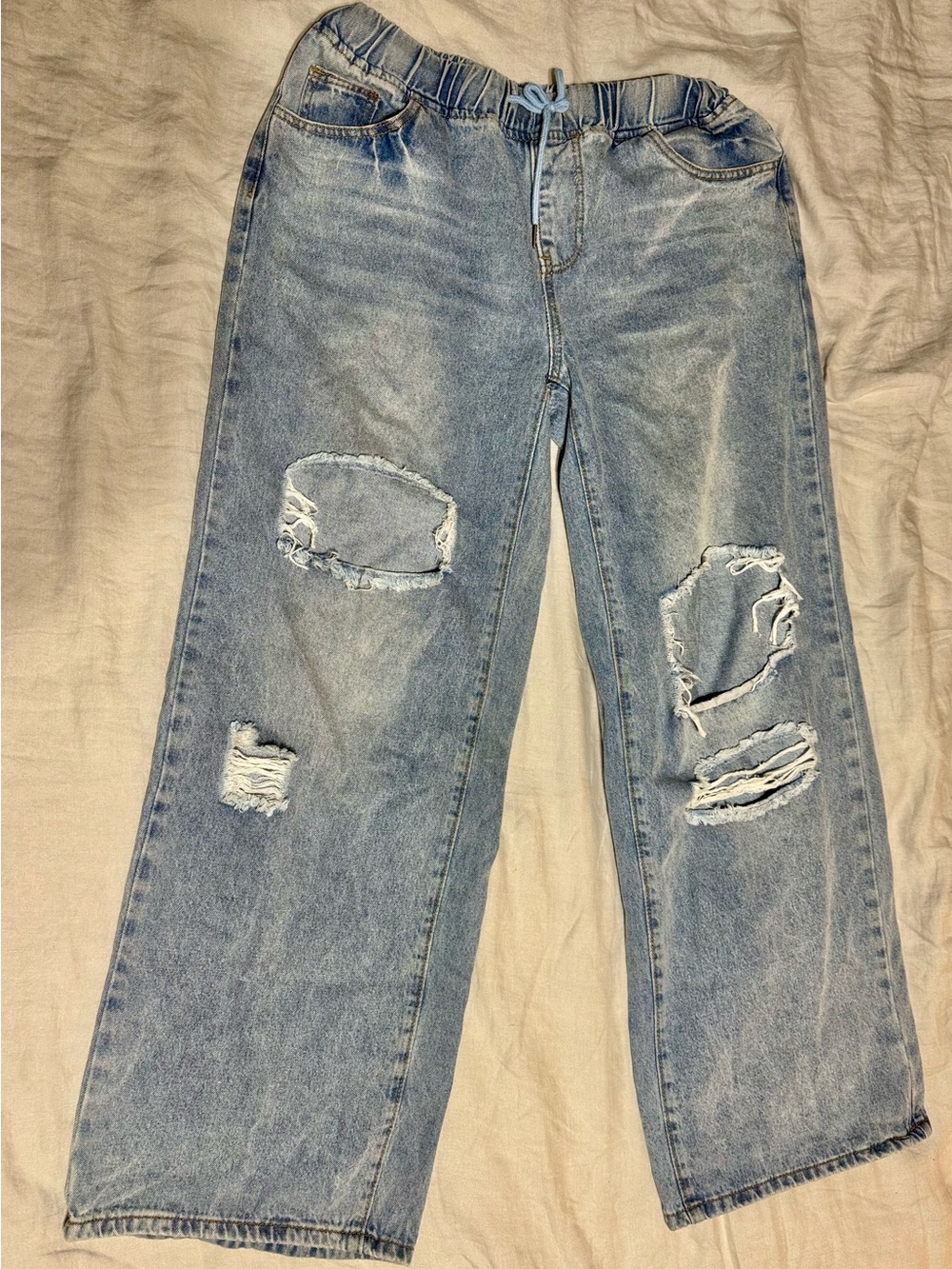 Women’s Wide Leg Large Distressed Drawstring Denim Jeans